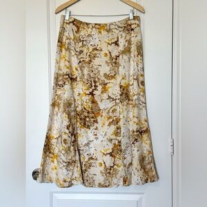 Kasper Cream Brown Yellow Abstract Reptile Linen Blend A Line Midi Skirt size 10
